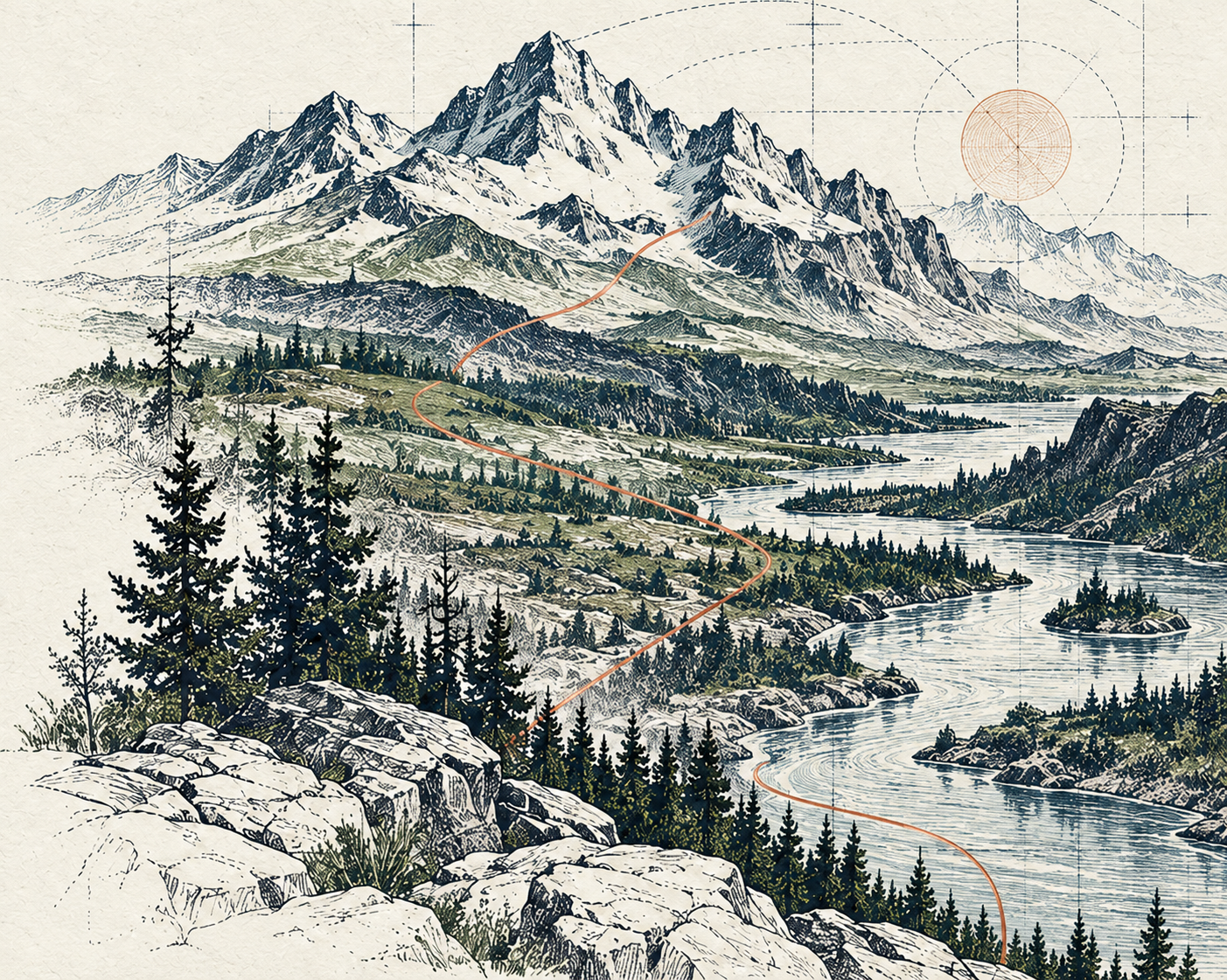 Illustrated mountain landscape with an ascending path, representing durable software systems.